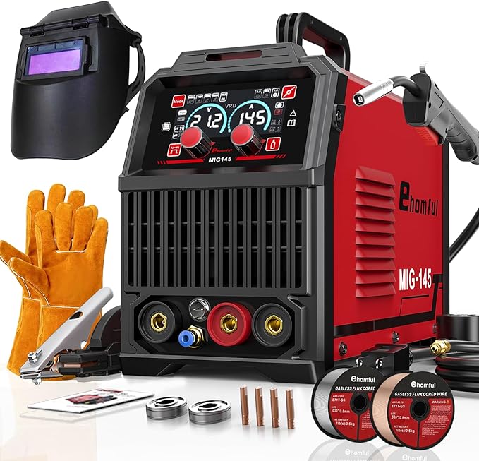 Ehomful 145A Mig Welder 110v/220v,Gas MIG/Gasless Flux Core MIG/Lift TIG/MMA/Stick Welder Machine, 4 in 1 Multi-Process Welding Machine with Synergy, IGBT Inverter,with Welders Helmet and Gloves