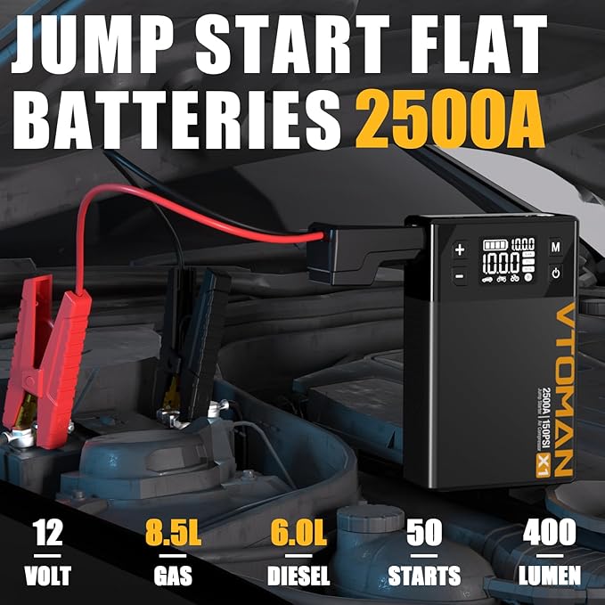 VTOMAN X1 Jump Starter with Air Compressor, Car Battery Jumper Starter (Up to 8.5L Gas/6L Diesel Engine) with 150PSI Auto Tire Inflator, 12V Portable Booster Pack, Lithium Jump Box Charger-Black