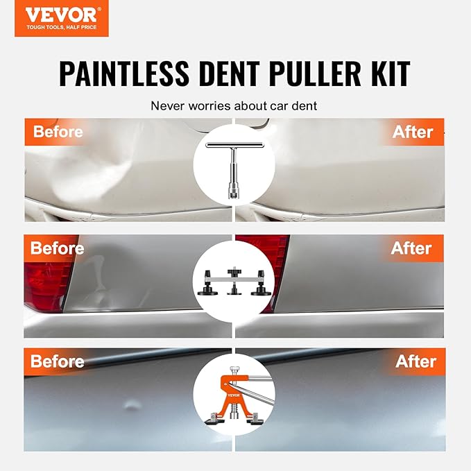 VEVOR 117 PCS Dent Removal Kit, Paintless Dent Repair Kit with Golden Lifter, Bridge Puller, Slide Hammer T-bar Dent Puller, Suction Cup Dent Puller for Auto Body Dents, Hail Damage, Door Ding