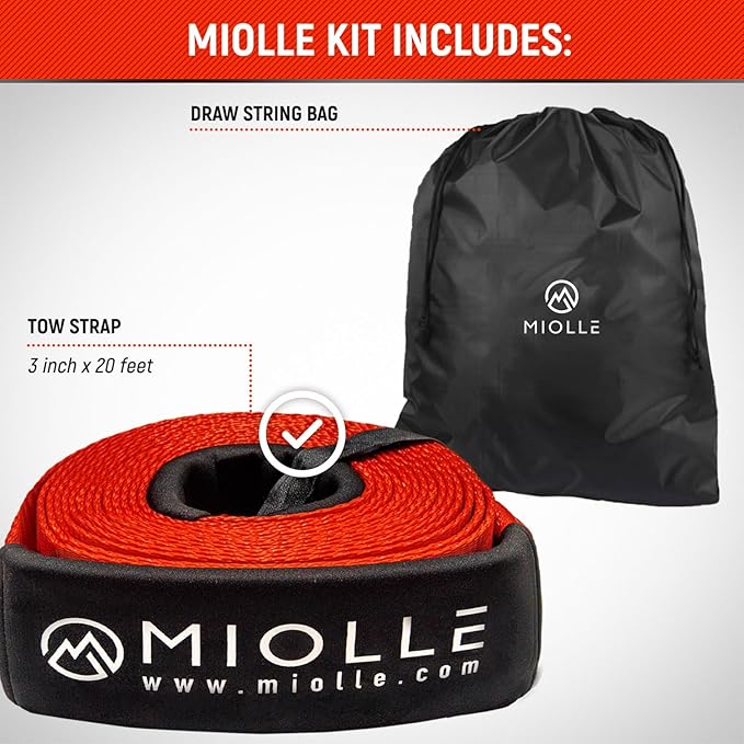 MiolleGear Tow Strap 3”x20’- 33400lbs MBS Recovery Strap Kit Includes: Tow Rope, Storage Case
