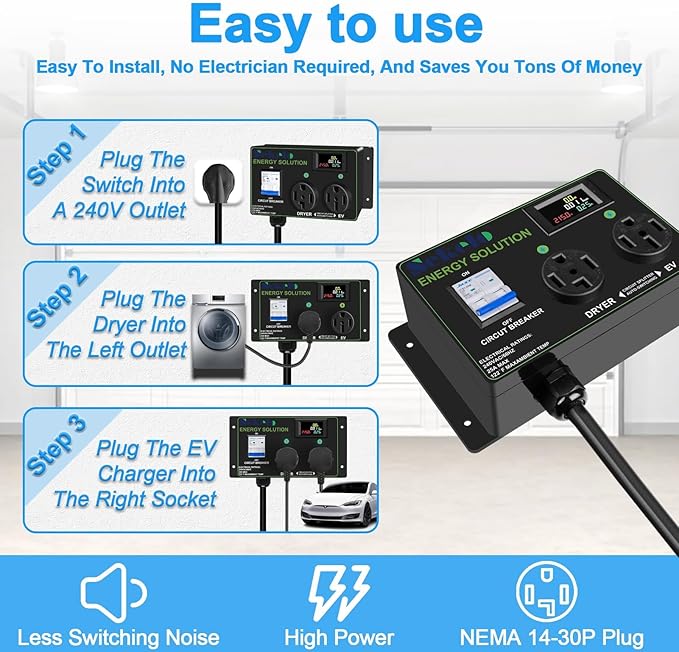 Smart EV Charging Integration: Sekelo Automatic Power Switch for Dryer & EV, NEMA 14-30P to 14-30R & 14-50R, 240V, 24A 5.76kW Max Power Splitter, Fast Charging, Real-time Display