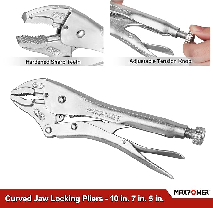 MAXPOWER 5-Piece Locking Pliers Set, Long Nose Pliers 9 Inch and 6 Inch, Curved Jaw Locking Plier 10 Inch 7 Inch and 5-Inch (Kitbag Included)