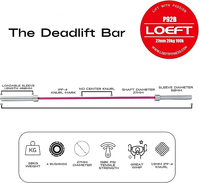Professional Powerlifting Deadlift Barbell, 92in 27MM Olympic Barbell for Powerlifting, Deadlift Bar for 45lb 1500 lbs Weight Capacity 190K PSI, Enhanced Flex Weight Bar Fit 2" Weights
