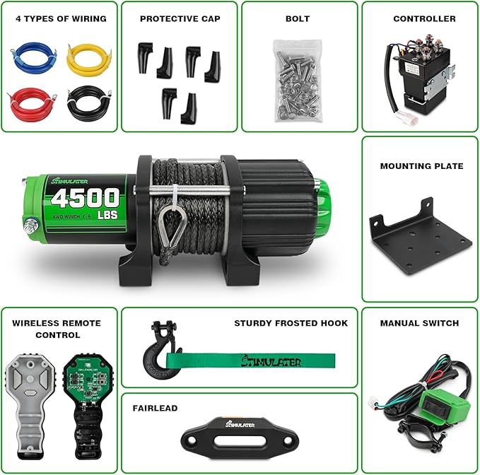 STIMULATER 4500LB ATV Winch, with Synthetic Rope, with Wireless Remote and Wired Switch,Hawse Fairlead&Hook,IP67 Waterproof,Suitable for Most ATVs
