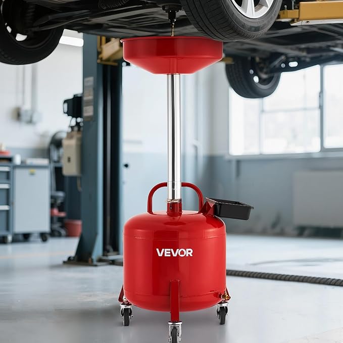 VEVOR 8 Gallon Waste Oil Drain Tank, Industrial Fluid Drain Tank with Adjustable Funnel Height, Portable Oil Drainer with Wheels & Toolbox, Fluid Fuel Transfer Drainage for Auto Repair Shops, Red
