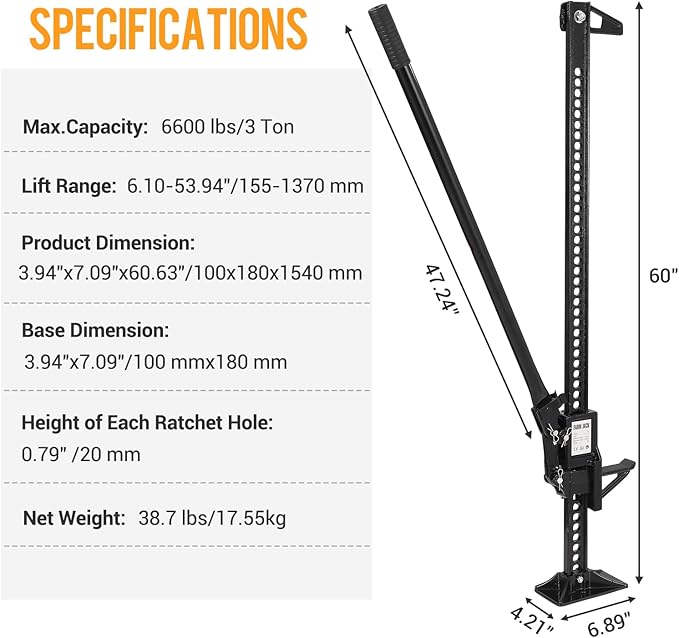 3 Ton Heavy Duty Farm Jack, 7000 Lb Capacity Ratcheting Off Road Utility Farm Jack for ATVs, Utility Vehicles, Off-Road Vehicles, Tractors, Trucks