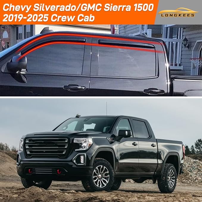 in-Channel Window Visors Rain Guards FIT Chevy Silverado/GMC Sierra 1500 2019-2025 Crew Cab (2019-2025) – 4-Piece in-Channel Dark-Smoke Polycarbonate Vent Deflectors