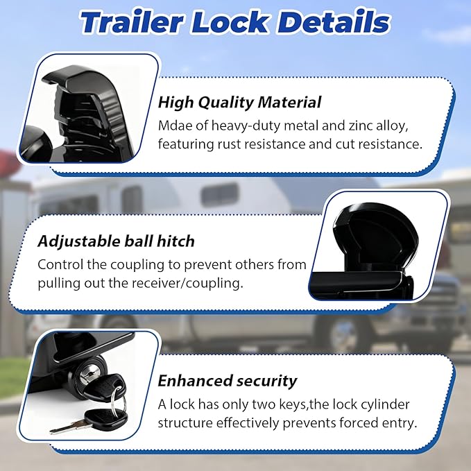 Trailer Hitch Lock, Universal Size Fit 1-7/8", 2",2-5/16" or 48mm, 51mm,and 59mm Couplers, Zinc Alloy, for Vehicles, Trailers,RVs(Black)