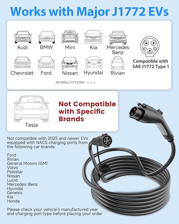 EV Charger Extension Cable, 21ft 40Amp J1772 Extension Cable Compatible with 110V-240V SAE J1772 EV Chargers, Suitable for J1772 EVs/PHEVs, Level 1/ Level 2 IP66 Car Charger Extension Cord with Bag