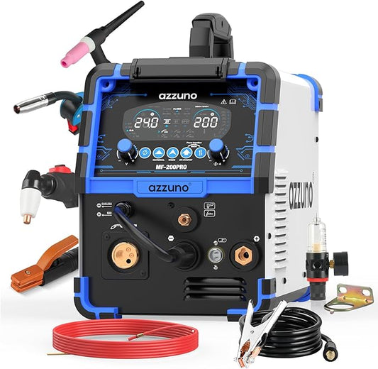 AZZUNO Plasma Cutter Welder Combo 200A, Gas MIG/PULSE MIG/MAG/Flux Gasless MIG/HF TIG/Stick/CUT/SPOT MIG 8 in 1 Multiprocess Welder Machine, 110/220V Dual Voltage Aluminum Welding Machine