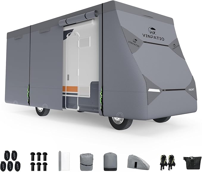 Class C RV Cover Extra Thick 7 Layer Top, Fits 20'-23' RV, Heavy Duty Windproof Class C Cover, Waterproof Anti-UV Camper Cover with RV Accessories 3 Extra Long Straps, Gutter Covers