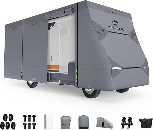Class C RV Cover Extra Thick 7 Layer Top, Fits 20'-23' RV, Heavy Duty Windproof Class C Cover, Waterproof Anti-UV Camper Cover with RV Accessories 3 Extra Long Straps, Gutter Covers