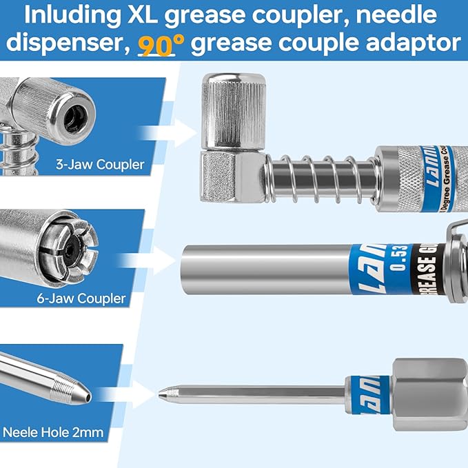 Grease Gun Coupler Kit - 12000 PSI Strong Lock Grease Coupler with 90 Degree Grease Coupler Adapter & Grease Needle Tip, Heavy Duty Lubrication Grease Gun Tips for All 1/8'' NPT Fittings