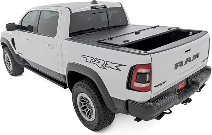 Rough Country Hard Tri-Fold Flip Up Truck Bed Tonneau Cover for Dodge Ram 1500 (2019-2025) TRX (2021-2025) - Flush Aluminum Bed Cover, Fits 5'7" (66.7") Bed
