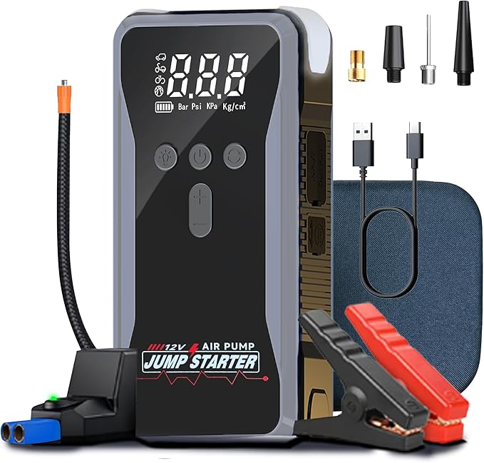 Car Battery Jump Starter with Air Compressor,2000A Peak Battery Jumper Starter Portable with 150PSI Tire Inflator, 12V Jumper Cables(9L Gas/8L Diesel) Jumpbox, LCD Display,LED Light, USB Quick Charge