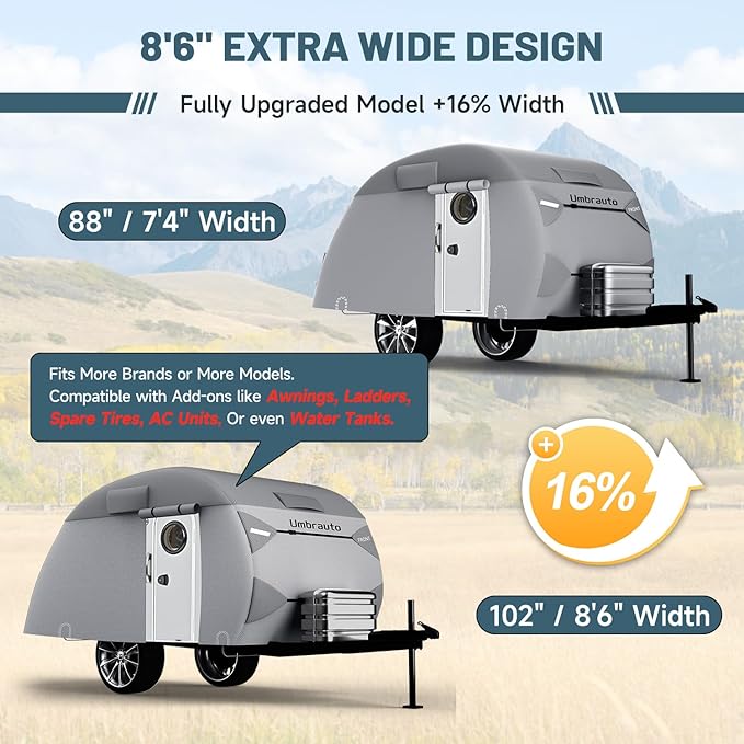 Umbrauto Teardrop Travel Trailer Cover Fits 12'-15' Extra Wide Trailers, 7 Layers Top Heavy Duty Waterproof Camper Cover with Windproof Strap for R-Pod Trailers, Clamshell Trailers