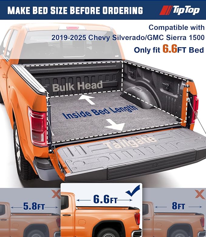 TIPTOP FILP Up Hard Folding Tonneau Cover Fits 2019-2025 Chevy Silverado/GMC Sierra 1500 with 6.6ft (79.4in), Not for CarbonPro Bed | Lightweight FRP, Low-Profile Waterproof Truck Bed Cover G3