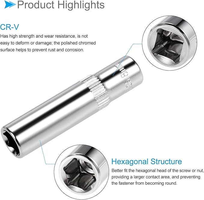 6-Point Socket, 1/4" Drive 8mm Deep, Polished Chromed CR-V Metric Deep and Shallow Impact Socket - (Applications: for Ratchet Torque Electric Wrenches Car Repair), 2-Pieces