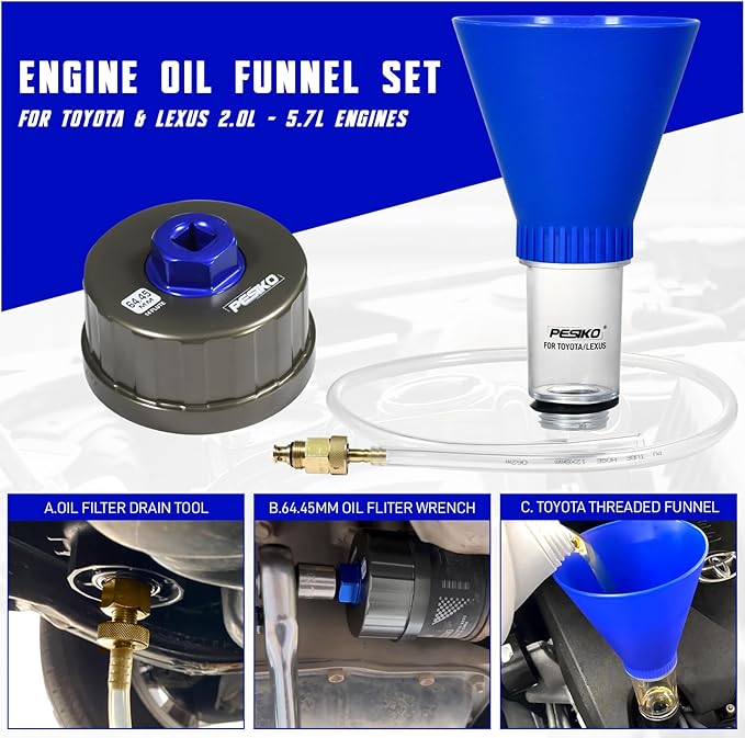 64mm Oil Filter Wrench, Drain Hose & Engine Oil Funnel for Toyota, Lexus and Scion 2.0-5.7L Engine Cartridge Style Oil Filter Remover Tool