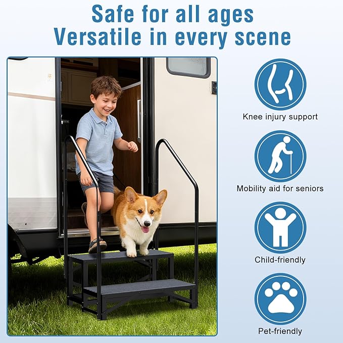 RV Steps with Handrail, 2 Steps RV Stair, Mobile Home Stairs for Camper, Trailer, hot tub, Steps with Non-Slip mat, 660lbs Capacity