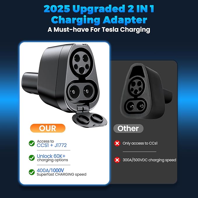 2-in-1 CCS1 & J1772 to Tesla Adapter 250KW/1000V - SuperFast Charging for Model Y/3/S/X, Compatible with Level 1 2 3 Charging Stations with CCS1& J1772 Plug, UL/FCC Certified, IP65 Waterproof