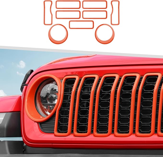 Jimen for 2024 Jeep Wrangler 4xe grill inserts, 9PCS Headlight Cover & Grille Insert Compatible with Jeep Wrangler JL JLU 2024+, NOT FIT JL Sport/Sport S (Orange)
