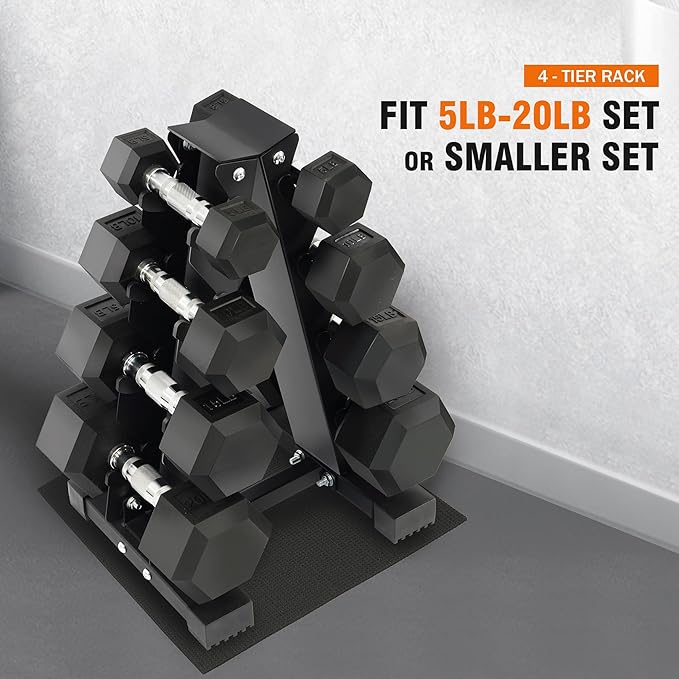 Rubber Encased Hex Dumbbell Set with Rack, 5-20LB or 5-25LB Hand Weights with Anti-Slip Grip for Exercise & Fitness, Dumbbell Weights Set for Home Gym, 100LB or 150LB Set Options