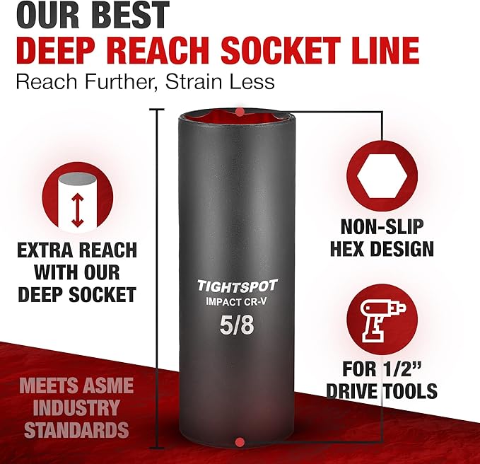 TIGHTSPOT 1/2 Inch Drive - 5/8 Inch Deep Impact Socket with Anti-Rounding 6 Point Design, Heat-Treated CRV Steel
