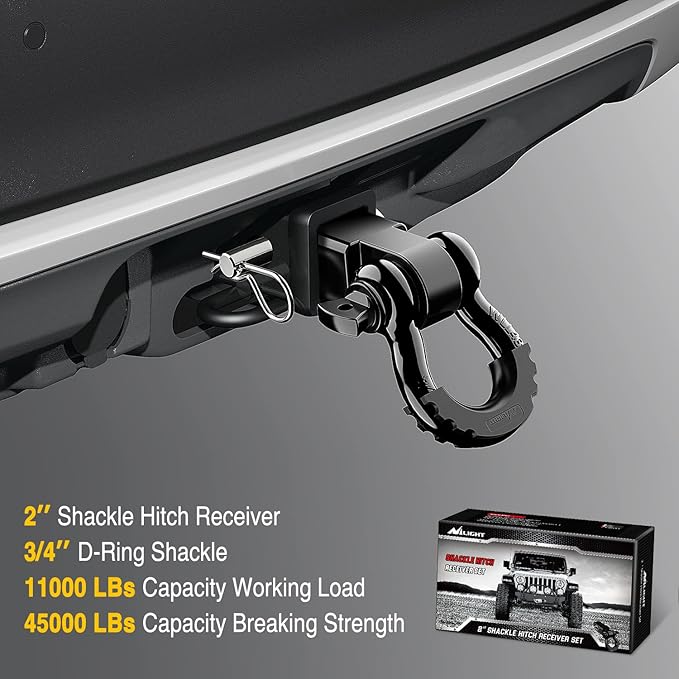 Nilight Shackle Hitch Receiver 2Inch 45000 LBs Breaking Strength 3/4" D Ring w/Trailer Pin Heavy Duty Solid Recovery Towing Kit for Trucks Jeeps Off-Road