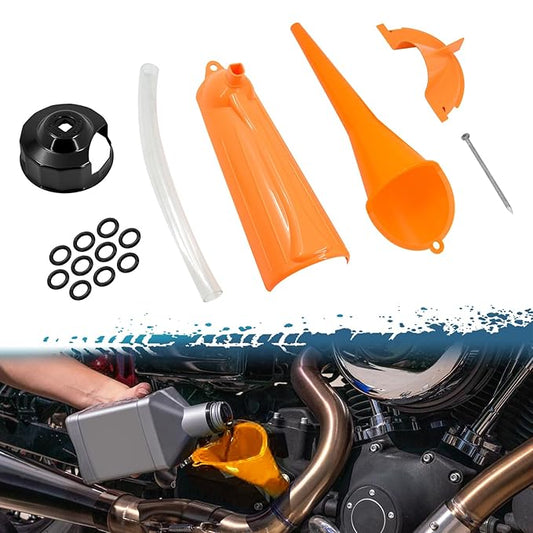 Oil Change Kit Crankcase Fill Oil Funnel Oil Filter Cap Wrench Primary Case Oil Fill Funnel Drip Oil Filter Funnel O-Rings Set Fit for Harley Models