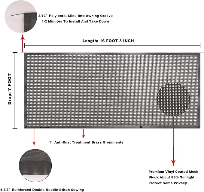 Tentproinc RV Awning Sun Shade Screen 7' X 16' 3''(Fit for 17' Awning) Mesh Screen Sunshade Sunscreen for Motorhome Camping Trailer Awning Sun Shade UV Sun Blocker - 3 Year Warranty (Brown)