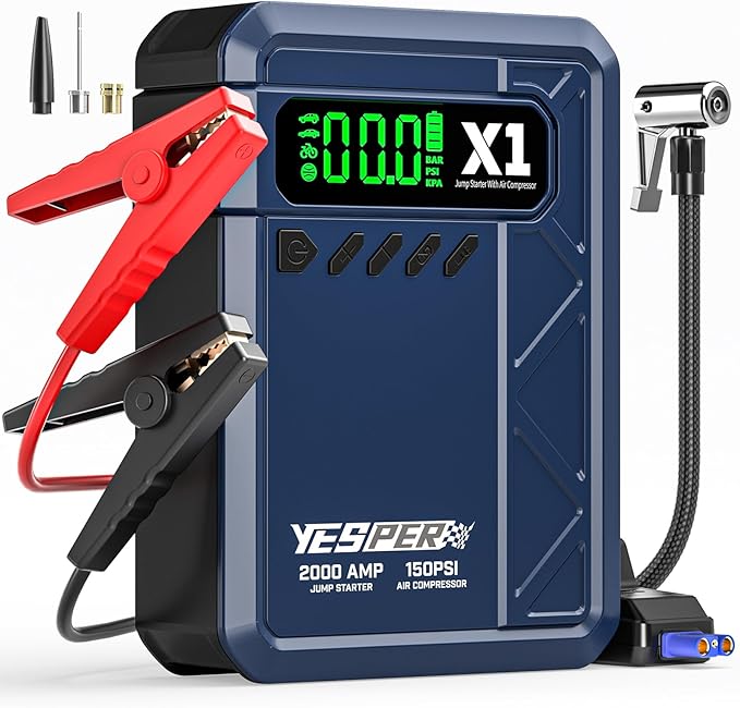 YESPER Jump Starter with Air Compressor 2000A 150PSI Battery Jumper Starter Portable(8L Gas/6L Diesel), 12V Car Jump Pack Battery Charger Jump Box with Jumper Cables, LCD Display, Lights(Blue)