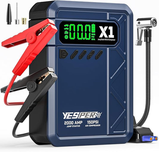 YESPER Jump Starter with Air Compressor 2000A 150PSI Battery Jumper Starter Portable(8L Gas/6L Diesel), 12V Car Jump Pack Battery Charger Jump Box with Jumper Cables, LCD Display, Lights(Blue)