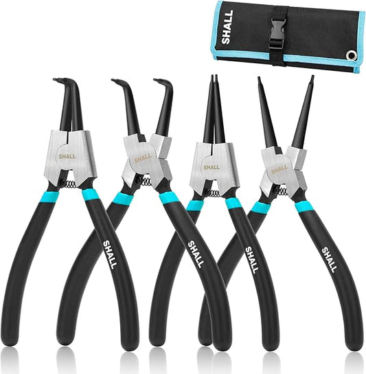 SHALL 4PCS Snap Ring Pliers Set, 7-Inch Internal External Circlip Pliers, Straight Bent C-clip Pliers Lock Ring Pliers, 5/64" Tip, Heavy Duty Reverse Pliers for Ring Remover Retaining w/Portable Pouch