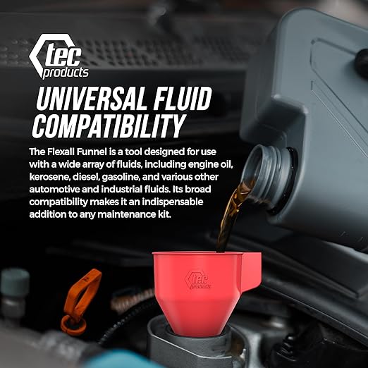 TEC Products FlexAll Anti-Kink Funnel - Long Flexible Funnel with Hose for Automotive Use - Durable Nitrile Rubber - Car Oil Change, Transmission Fluid, Diesel, Gas - Made in USA (9 x 3.95 Inches)