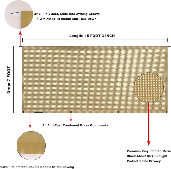Tentproinc RV Awning Sun Shade Screen 7' X 15' 3'' (Fit for 16' Awning) Mesh Sunshade Blcok RV Awning Front Glare Motorhome Camping Trailer Awning Sunscreen Shadescreen - 3 Year Warranty (Beige)