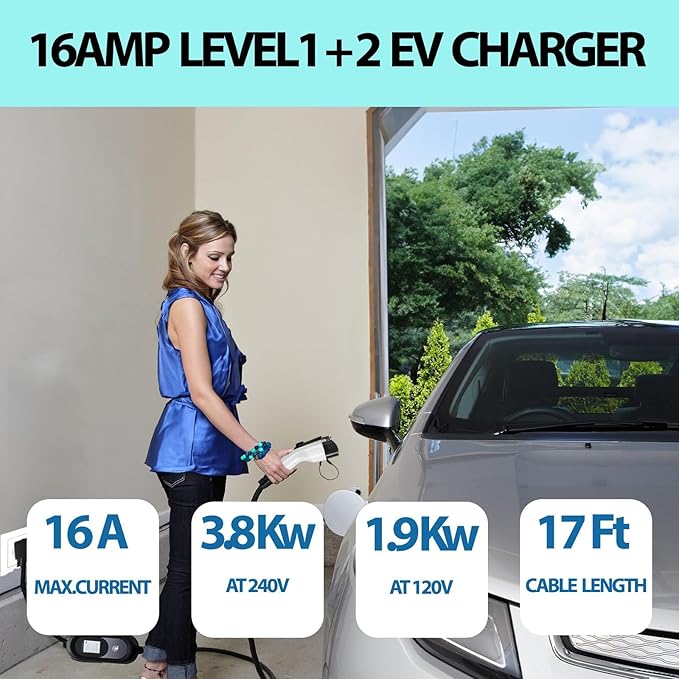 Level 1&2 EV Charger 8-16A Adjustable Current & Timer,110-240V,Nema 5-15 & 6-20 Plug,Electric Car Charger with 17ft Cable,Portable EV Chargers for All SAE J1772 Evs