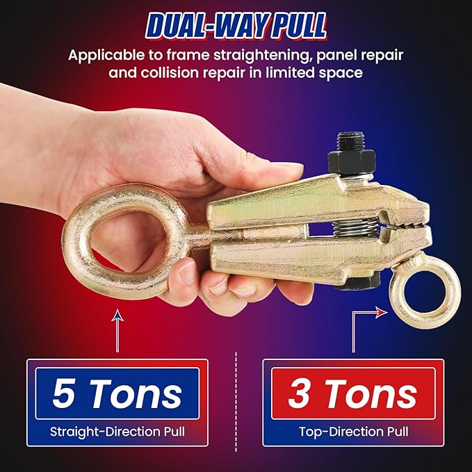 5-Ton 2-Way Auto Body Repair Clamp - Heavy Duty Frame Pull Clamp with Self-Tightening Grips for Top & Straight Pulling, Professional Collision Repair Tool for Cars & Trucks