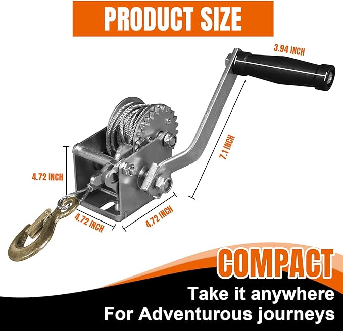 Hand Winch, 600 lbs Pulling Capacity, Boat Trailer Winch Heavy Duty Rope Crank with 23 FT Steel Cable, Manual Operated Hand Crank Winch for Trailer, Boat or ATV Towing