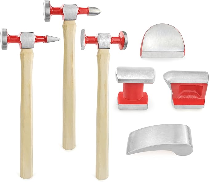 C&T 7 Piece Auto Body Repair Tool Hammer Dolly Set, Car Body Repair Tool Kit with Carrying Case, Hickory Handles
