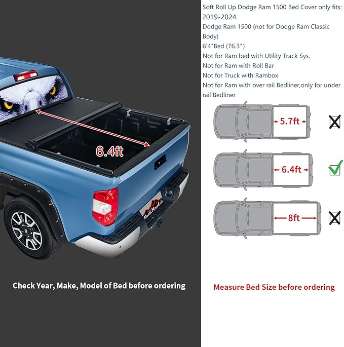 North Mountain Soft Roll Up Truck Tonneau Cover fits 2019-2024 Dodge Ram 1500 New Body Style 6.4ft Fleet/Styleside Bed(76.3"), not fit Classic Body Style, Truck with Rambox & Multi-Function Tailgate