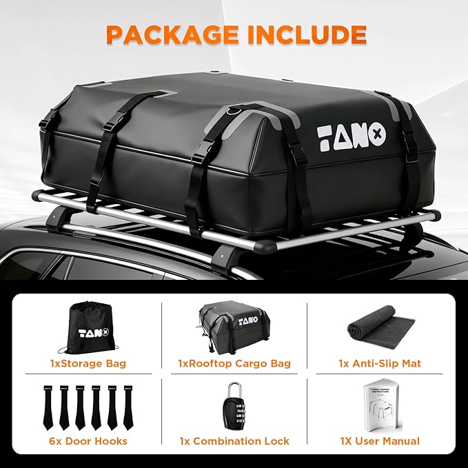 TANX Car Roof Bag - 21 Cubic Feet Rooftop Cargo Carrier, 100% Waterproof for All Cars with/Without Roof Rack, Includes Anti-Slip Mat, 12 Reinforced Straps, 6 Door Hooks, Luggage Lock & Storage Bag