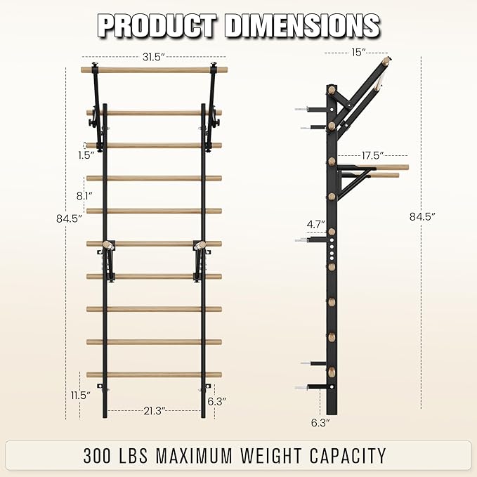Swedish Ladder Wall Gym, Stall Bar Home Gym with Adjustable Pull-Up Bar, Dip Bar Attachments & 2pcs Resistance Band, 9 Strategic Rods for Core Strengthening and Stretching Balanced for Body Exercise