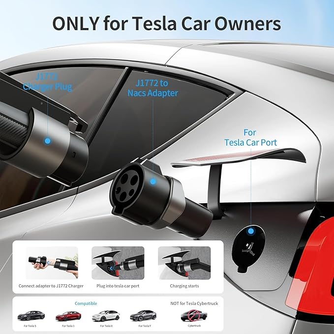 QIAO J1772 to Tesla Charger Adapter, Up to 80A 250V - J1772 to NACS Adapter for Charge Tesla EVs at J1772 AC Charger Station, Silver-Plated Efficient Charging Design -[Only for Tesla Car]