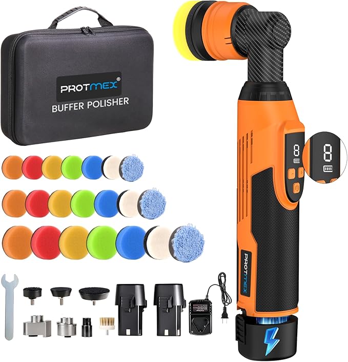 Protmex Cordless Mini Buffer Polisher - 1.2/1.6/2 Inch Car Polisher w/ 8 Variable Speed 2500-6000RPM - RO/DA Car Polishing Machine w/ 22 Pads - Small Polisher for Car Detailing Polishing Waxing, Short