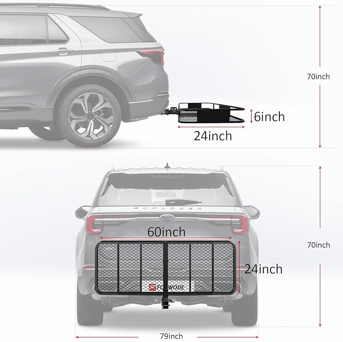 FORWODE 60x24x6 Hitch Cargo Carrier for 2 Inch Receiver, 500LB Capacity Hitch Mount Cargo Rack Carrier, Folding Hitch Cargo Basket with Antirust Coat