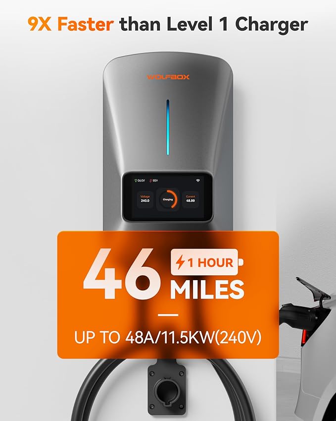 WOLFBOX Level 2 EV Charger 48 Amp - Smart Display, RFID Card, 25ft Cable, Outdoor/Indoor, Hardwired EV Charger Level 2, WiFi Enabled Electric Car Chargeing, 240V Electric Vehicle Charging Stations