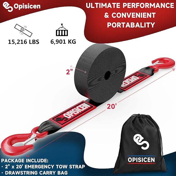 Tow Strap with Hooks 2 Inch x 20 Foot - 15,216 lbs Breaking Strength Emergency Heavy Duty Capacity Tow Rope Forged Steel Hooks for Car Truck Jeep ATV SUV, Roadside Recovery (Black, 2" x 20')