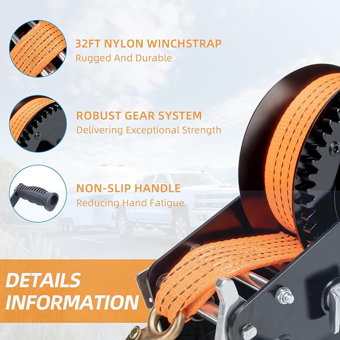 3500LBS Heavy Duty Boat Trailer Winch with 32FT Strap, 2-Way Ratchet, 4:1/8:1 Gear Trailer Winch, Portable Hand Crank for Boat, Truck, Trailer, RV, ATV, Jet Ski(3500lbs Orange Strap Winch)