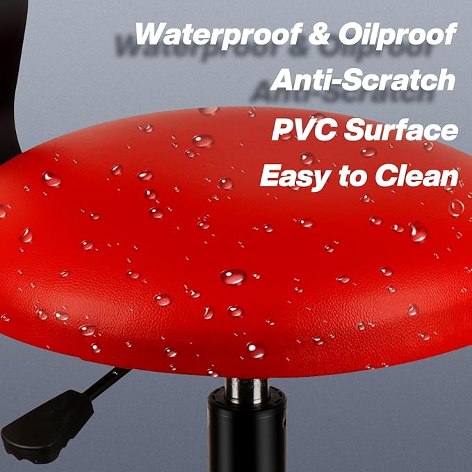 Shop Stool with Backrest, Mechanic Garage Stool for Workshop, Adjustable Shop Stools Chair, Padded Workbench Stools for Men Women, 300 LBS Capacity, 360° Swivel PVC Seat, Heavy Duty, Red